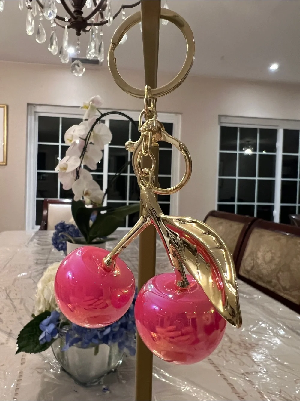 Iridescent Cherry Bag Charm Keychain | Pink Ombre Purse Charm Gold Tone